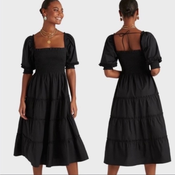 Hill House Dresses & Skirts - Hill House Black Midi Smocked Bodice Puff Sleeve Dress